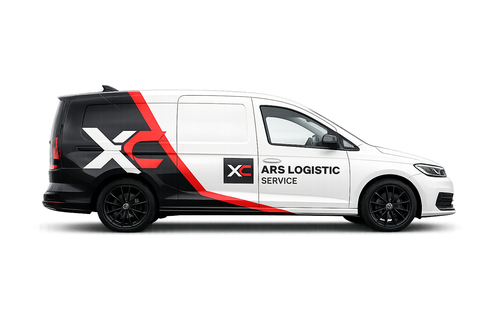 XCars VW Caddy Kurierfahrzeug in Schwarz-Weiß mit rotem Branding